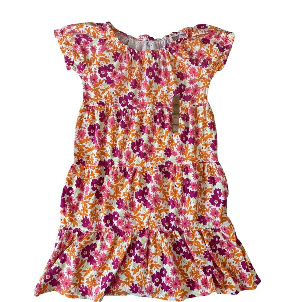 NWT Lands' End | Orange + Pink Floral Short Sleeve Tiered Knit Dress | Size 10